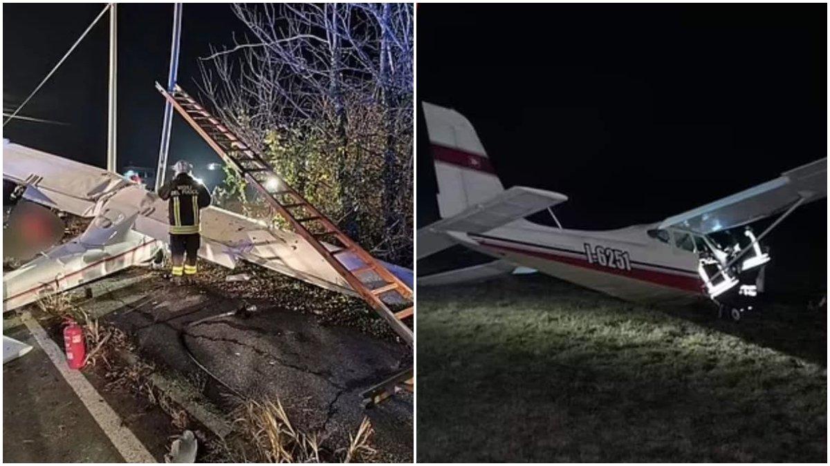 Pesawat Stefano Pirilli terjatuh dan tersangkut kabel listrik.