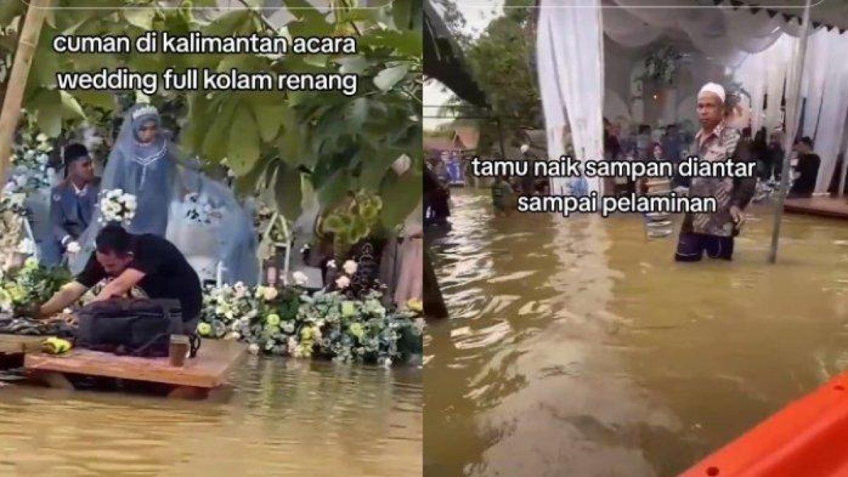 Tangkapan layar video viral pesta pernikahan diterpa banjir.