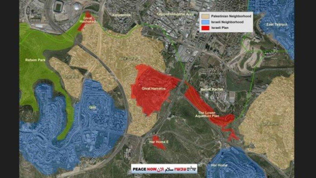 Peta yang dibuat oleh Peace Now menunjukkan wilayah yangd sietujui Israel untuk dibangun unit pemukiman ilegal tambahan di Yerusalem Timur yang mereka duduki. Persetujuan Israel ini diketok pada 29 November 2023, menghalangi satu-satunya penghubung antarlingkungan di Palestina.