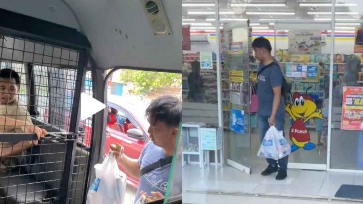 Polisi membelikan minuman di minimarket untuk tahanan yang berada di dalam mobil.