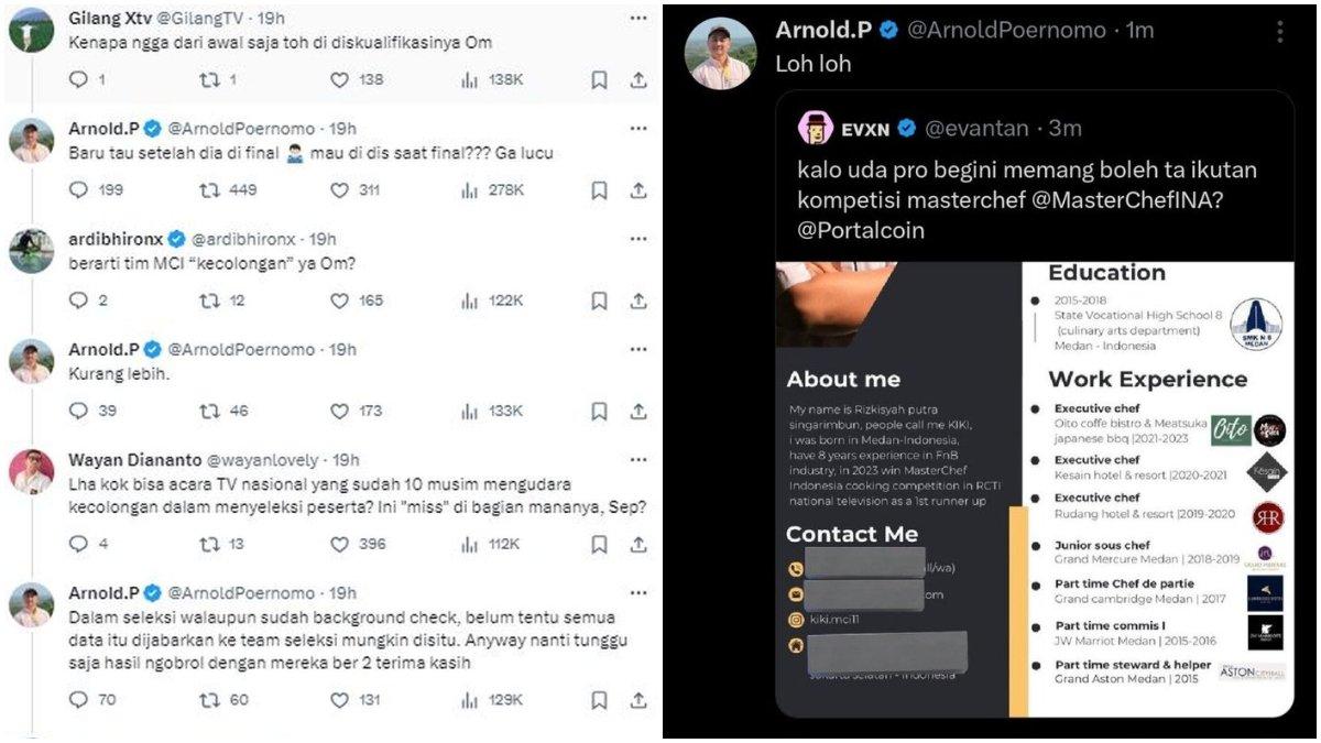Postingan Chef Arnold di aplikasi X (Twitter), sebut ada peserta yang punya pengalaman chef eksekutif.
