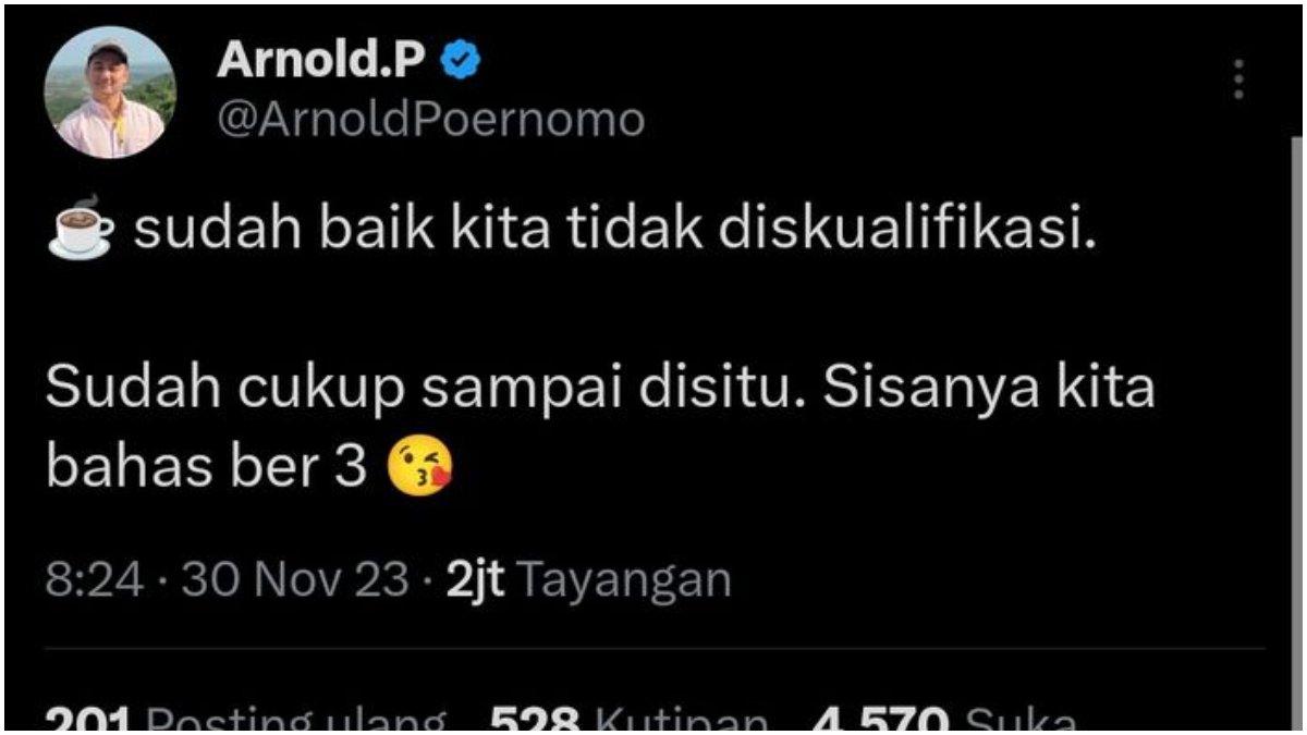 Postingan Chef Arnold yang dihapus di aplikasi X (Twitter), sebut ada yang seharusnya didiskualifikasi.