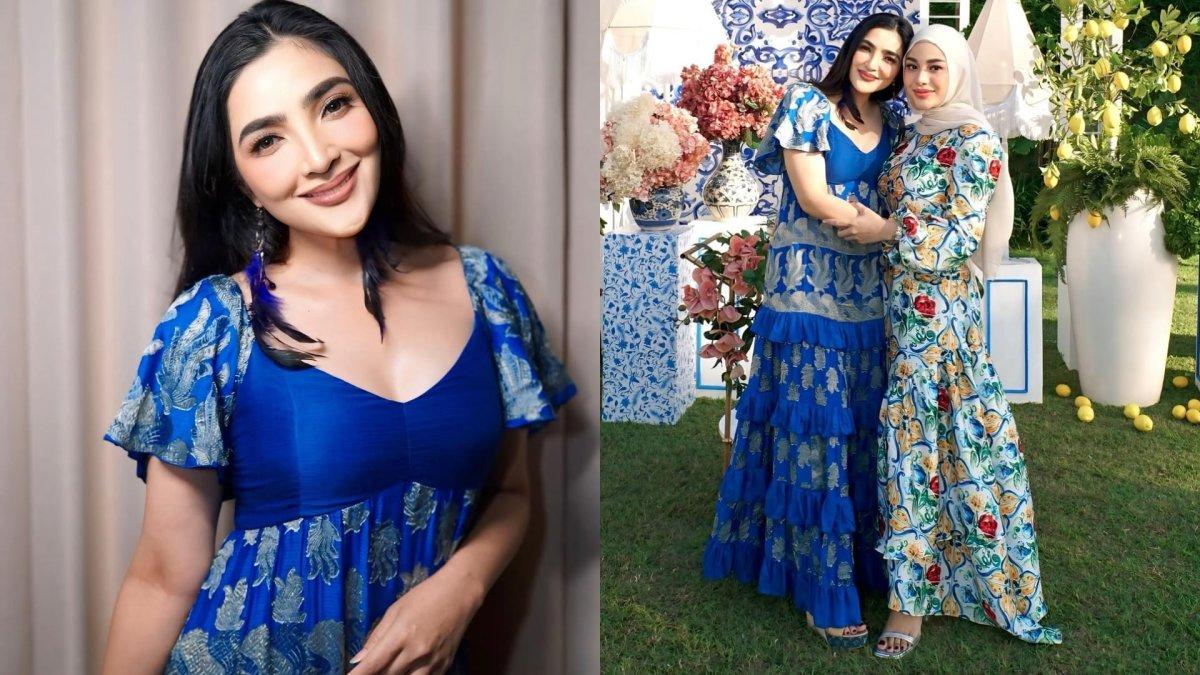 Potret Ashanty hadir di pesta ultah Aurel Hermansyah ke-27, cantik dibalut dress biru.
