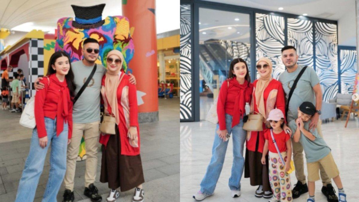 IRISH BELLA LIBURAN - Potret Irish Bella, Hasya dan Amala menggunakan outfit senada berwarna merah.