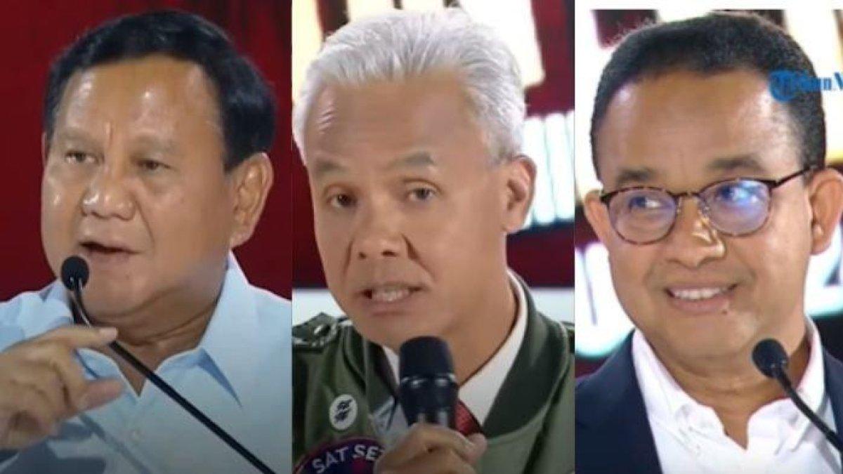 Prabowo Subianto, Ganjar Pranowo, dan Anies Baswedan dalam Debat Capres Minggu (7/1/2023).