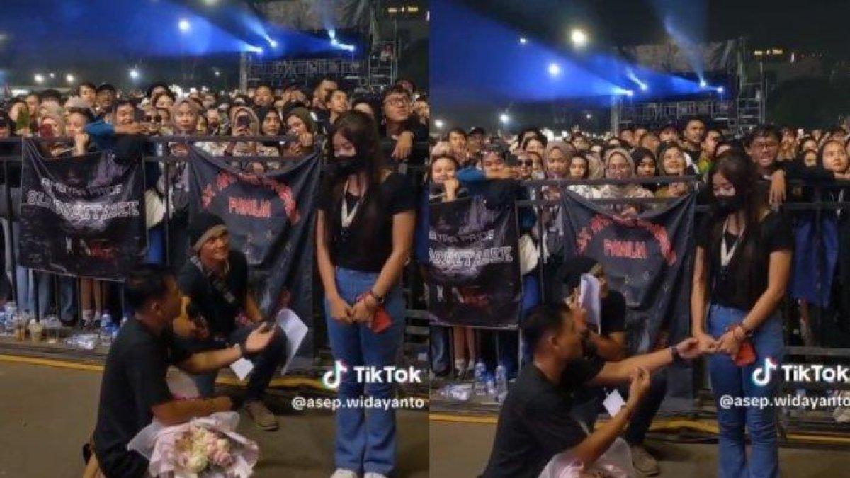 Tangkapan layar pemuda lamar kekasih tapi justru di tolak di depan penonton konser.