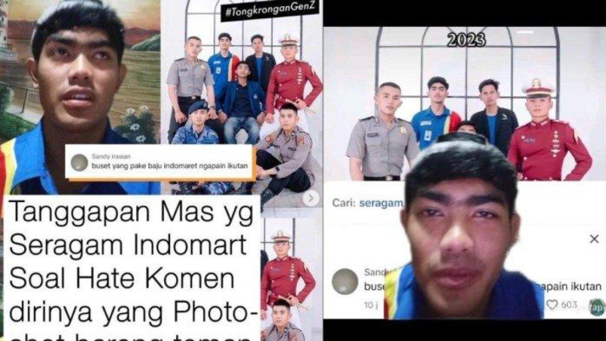 Viral di media sosial pria bagikan foto bersama teman SMA. Pria itu memakai seragam Indomaret sendirian saat kawannya berseragam polisi.