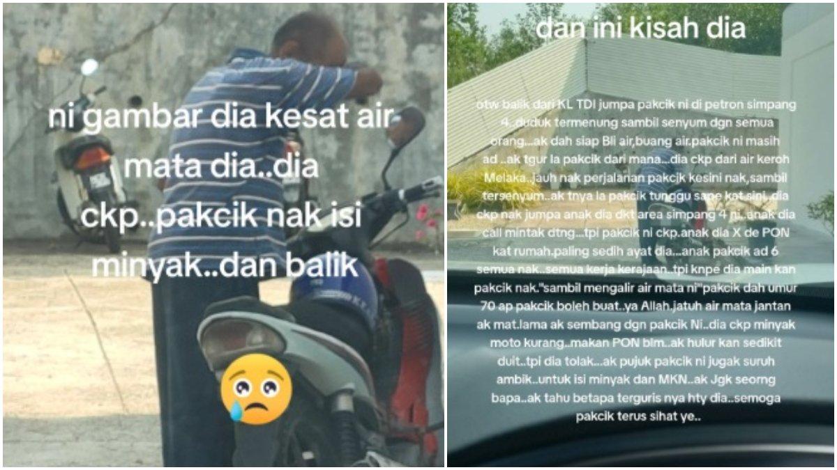Pria tua menangisi keadaannya di dekat motornya yang sudah usang itu.