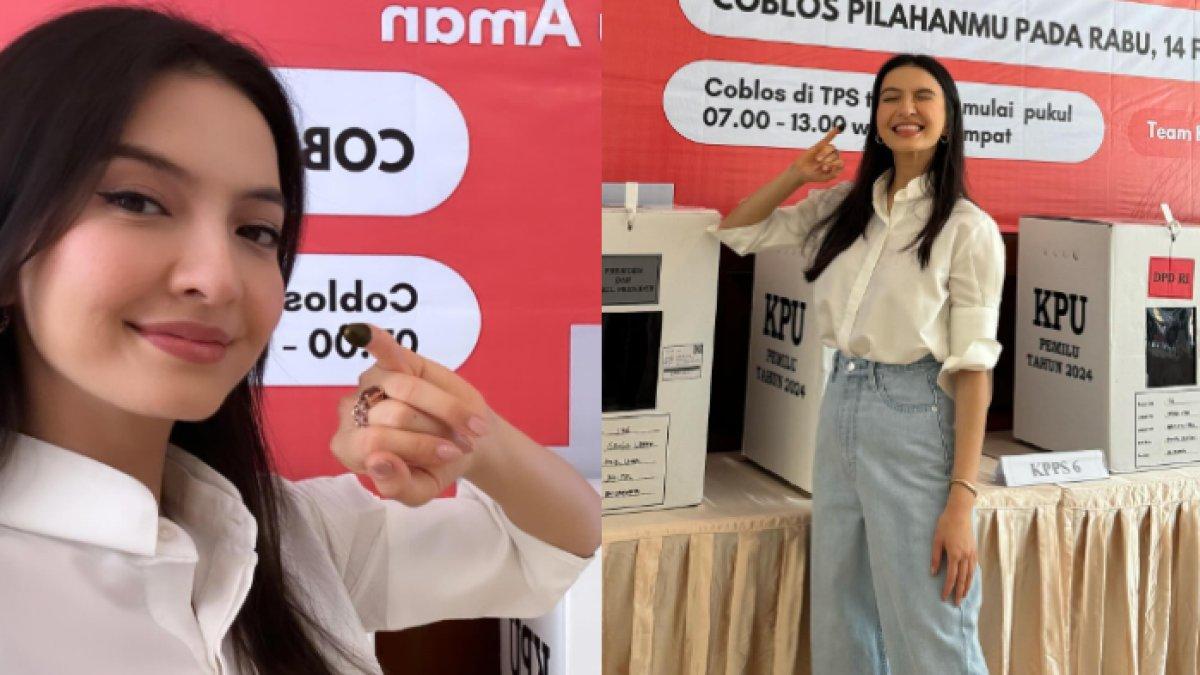Raline Shah berkemeja putih saat datang ke TPS
