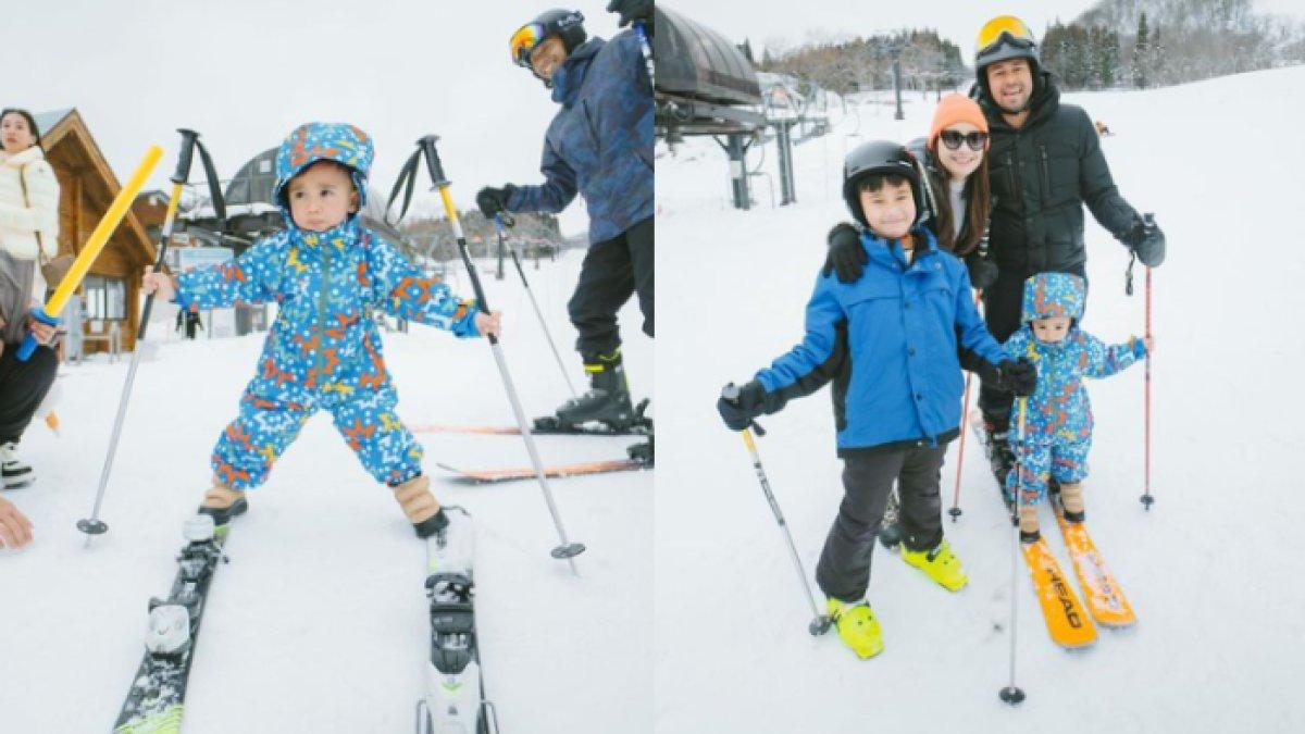 Rayyanza ikut-ikutan mencoba bermain ski
