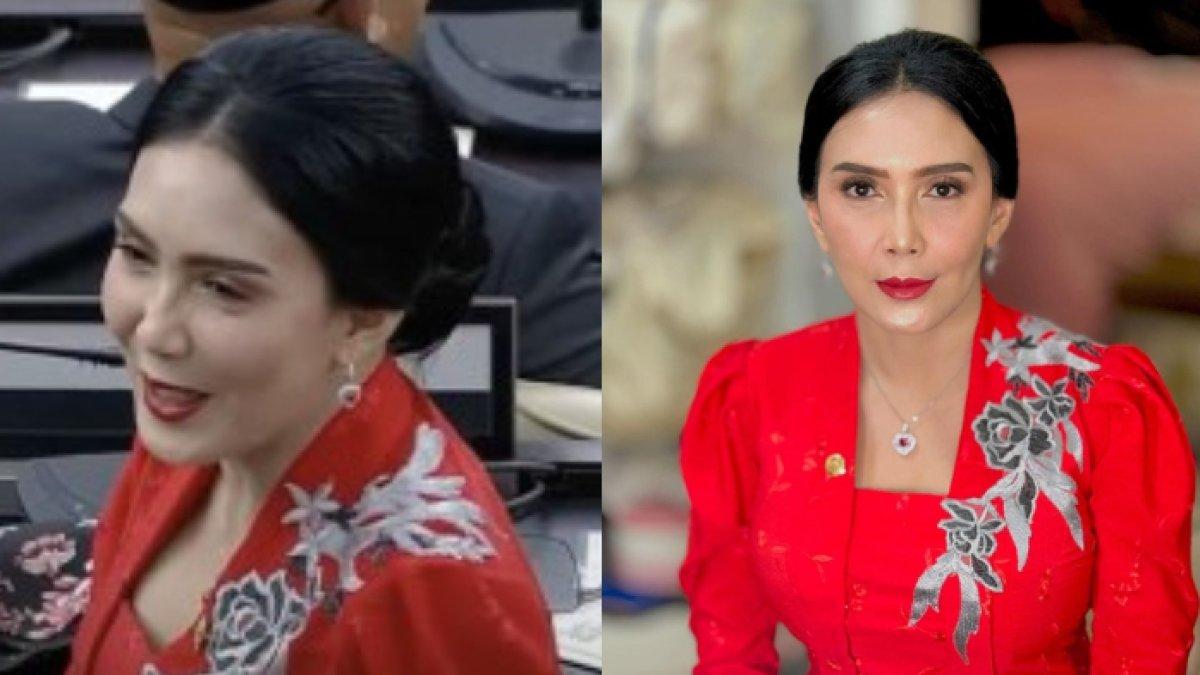 Rieke Diah Pitaloka menawan dengan kebaya merah merona.