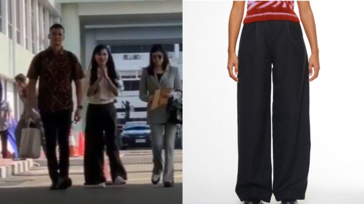 Sandra Dewi diduga memakai warped wool suit pant dari Fiona O'Neill (YouTube Kompas.com | fionao-neill.com)