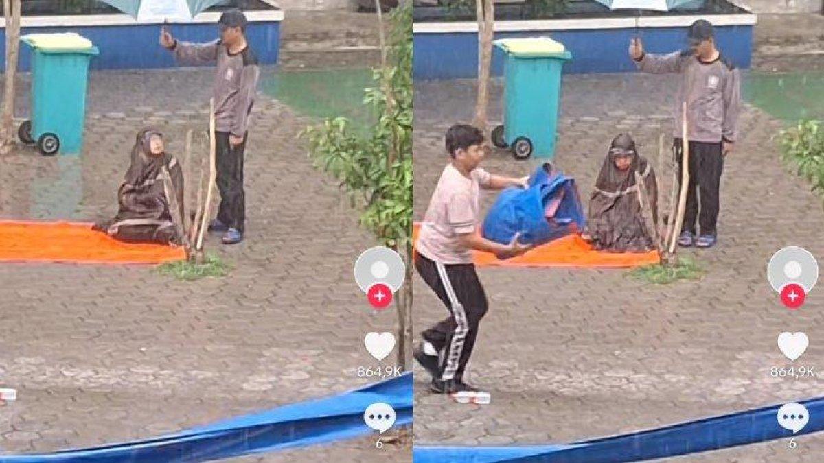 Satpam payungi guru yang sedang salat di Depok