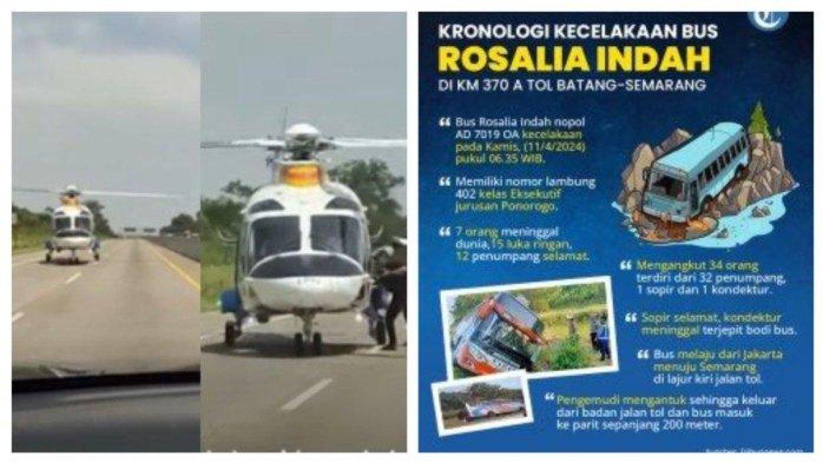 Sebuah helikopter milik Polri mendarat di lokasi kecelakaan bus Rosalia Indah di Km 370 A Tol Batang-Semarang, Jawa Tengah