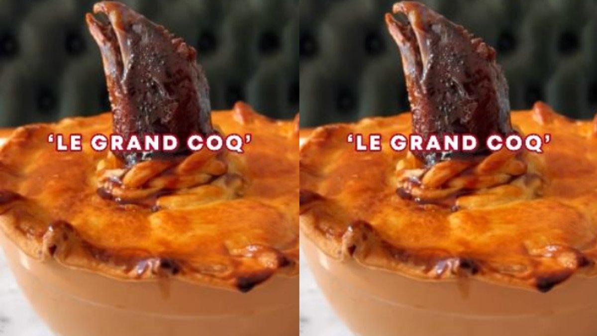 Sebuah restoran menyajikan pie dengan kepala ayam mencuat keluar
