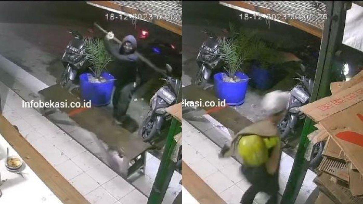 Sebuah video memperlihatkan aksi begal mengacungkan senjata tajam (sajam) ke sebuah warung kopi (warkop) di Bekasi beredar viral di media sosial.