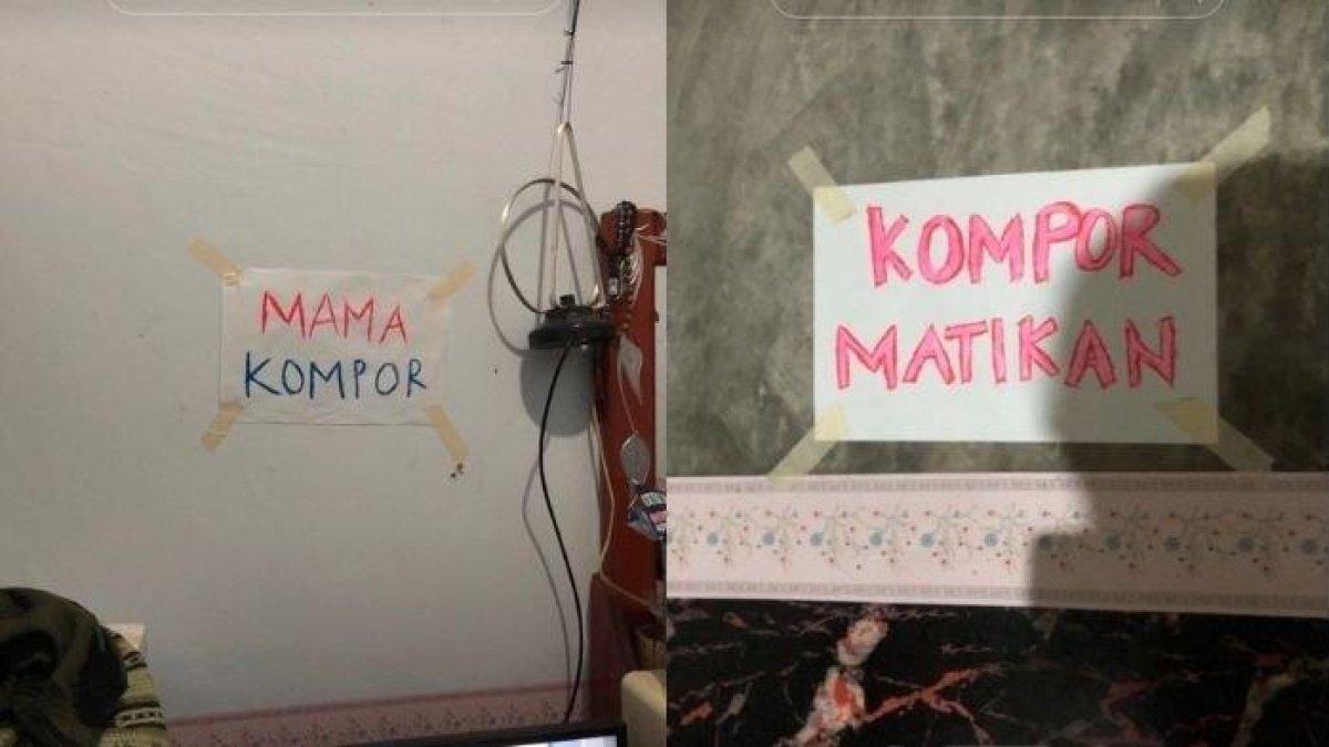 Seorang anak mengingatkan ibunya mematikan kompor dengan memasang tulisan di berbagai sudut rumah