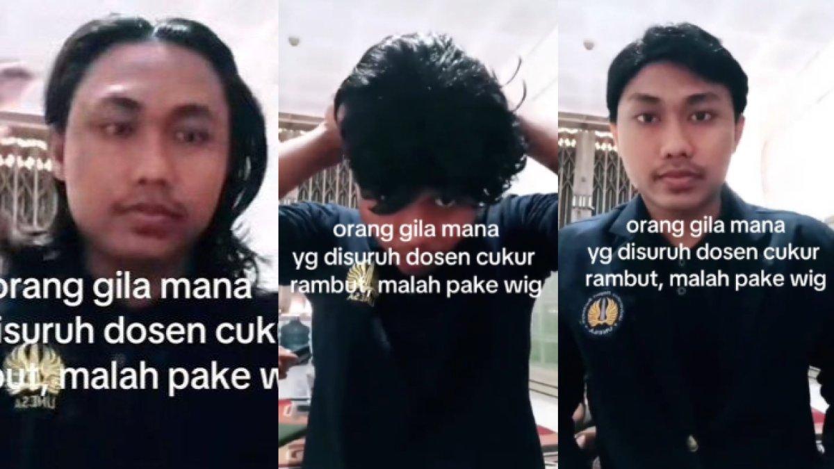 Seorang mahasiswa di Surabaya, Jawa Timur nekat memakai wig saat kuliah. Ia melakukan hal itu karena diminta dosen mencukur rambutnya yang gondrong.
