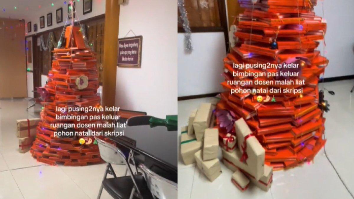 Seorang mahasiswi yang baru selesai bimbingan kaget mendapati kampusnya memasang pohon Natal dari kumpulan skripsi