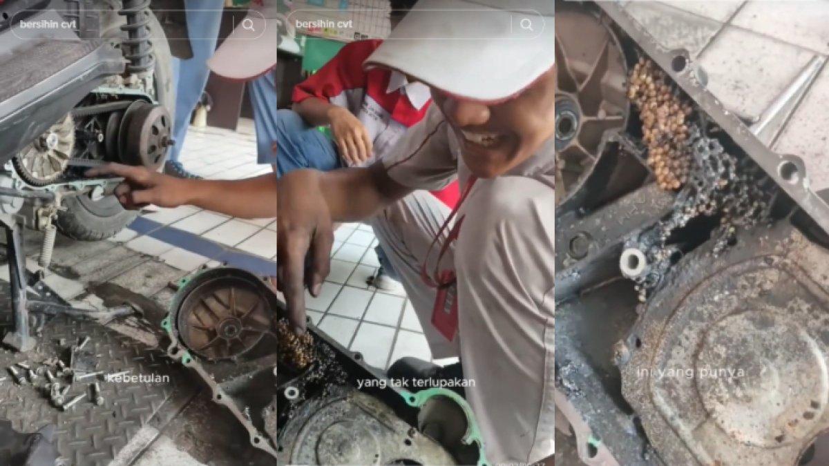 Seorang montir kaget bukan kepalang mendapati kondisi motor customer. Motor customer ternyata tak pernah diservis sejak 2018 hingga jadi sarang tawon.