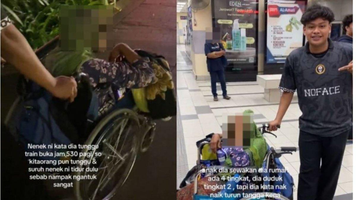 Seorang nenek dibantu sekelompok pemuda untuk naik MRT.