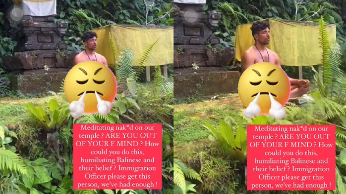 Seorang pria warga negara asing (WNA) tampak pede telanjang di pura