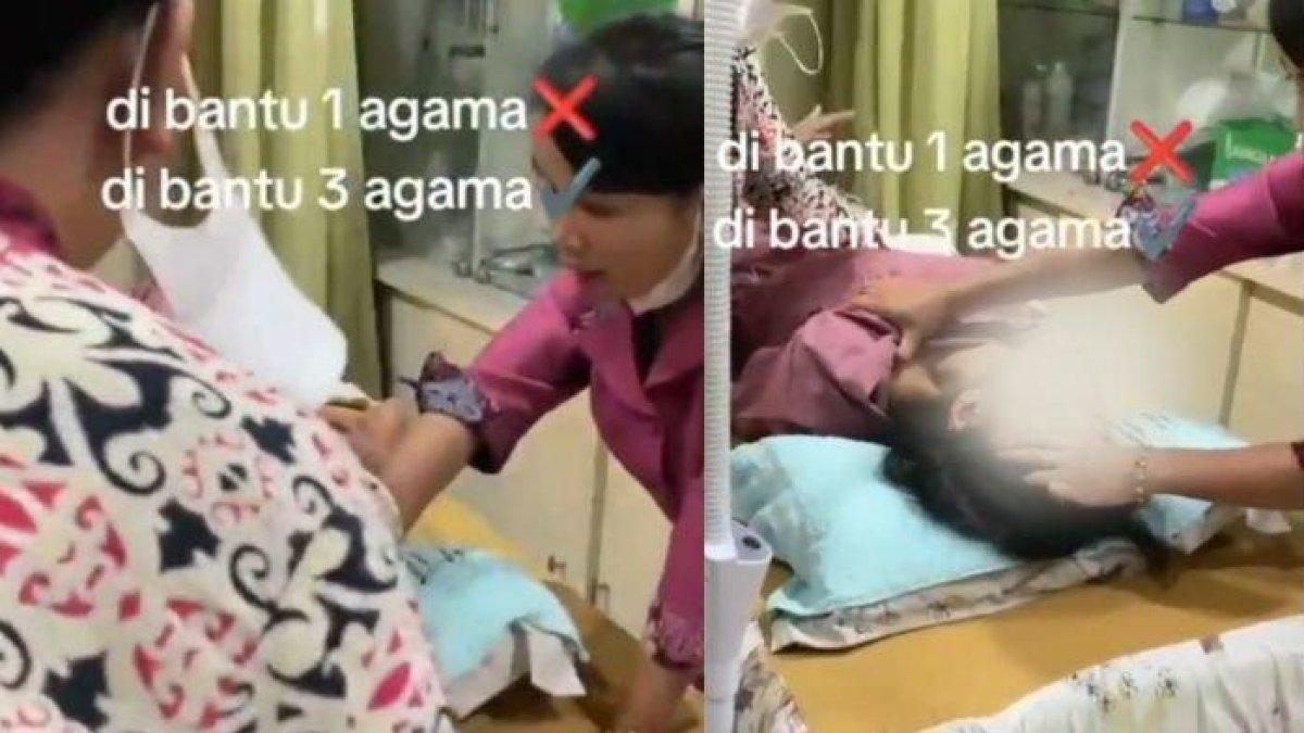 Seorang wanita diduga kesurupan dibantu dibacakan doa oleh tiga temannya yang berbeda agama.