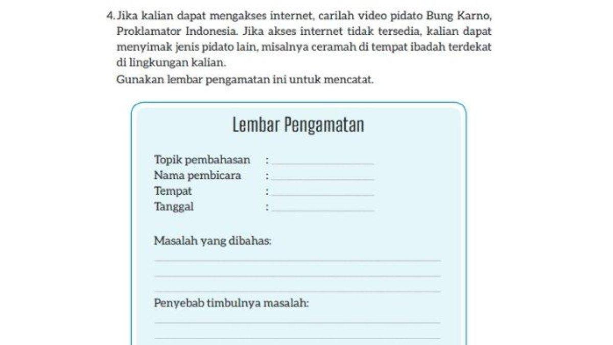 Soal buku Bahasa Indonesia Kelas 9 halaman 106 107 Kurikulum Merdeka - Kunci jawaban Bahasa Indonesia Kelas 9 halaman 106 107 Kurikulum Merdeka, lembar pengamatan pidato Bung Karno, Bab 4 Dari Hobi Menjadi Pundi-Pundi.