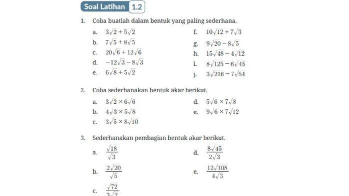 Soal buku Matematika Kelas 8 halaman 33 Kurikulum Merdeka - Kunci jawaban Matematika Kelas 8 halaman 33 Kurikulum Merdeka, Soal Latihan 1.2 bentuk akar paling sederhana, Bab 1, B Bilangan Bentuk Akar.