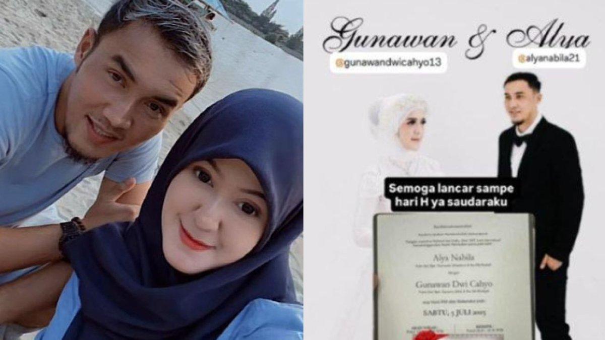 CALON ISTRI GUNAWAN - Sosok Alya Nabila, calon istri Gunawan Dwi Cahyo. Terlihat foto undangan pernikahan berwarna putih dengan berlatar belakang kedua mempelai.