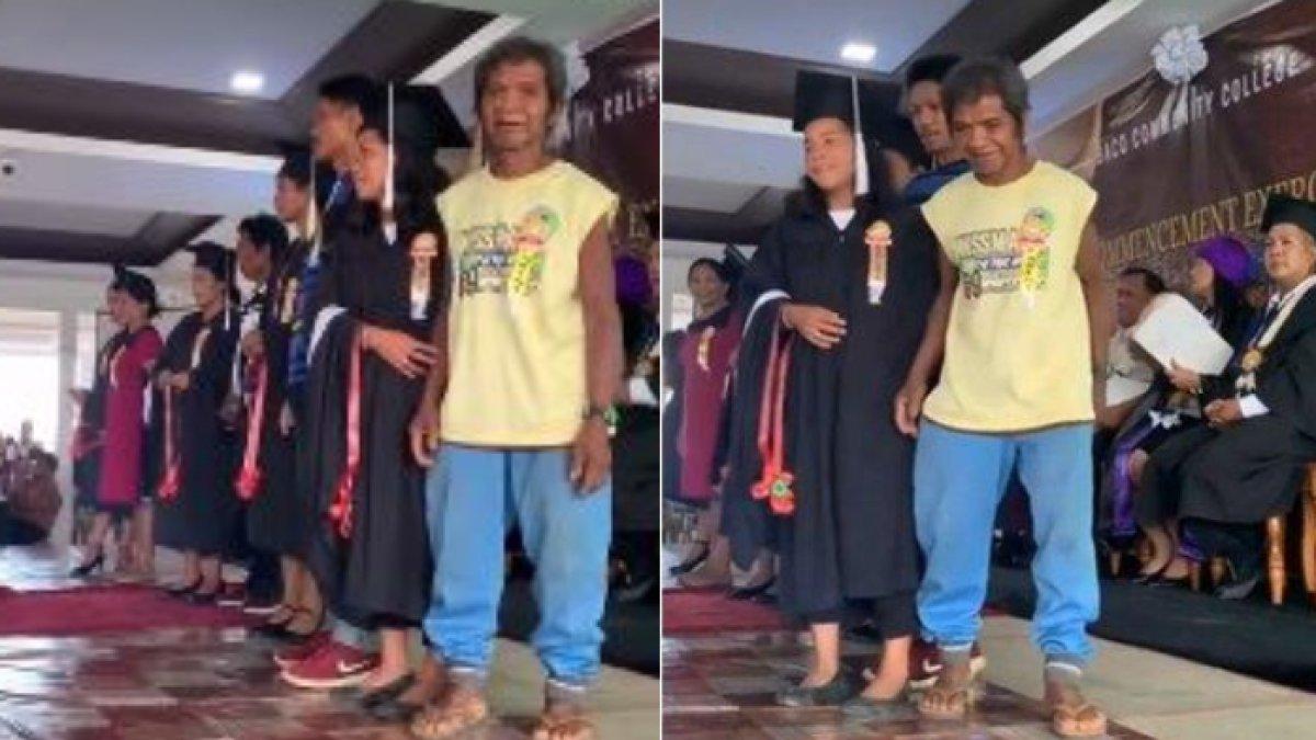 Tampak seorang ayah hadiri wisuda anaknya dengan penampilan sederhana