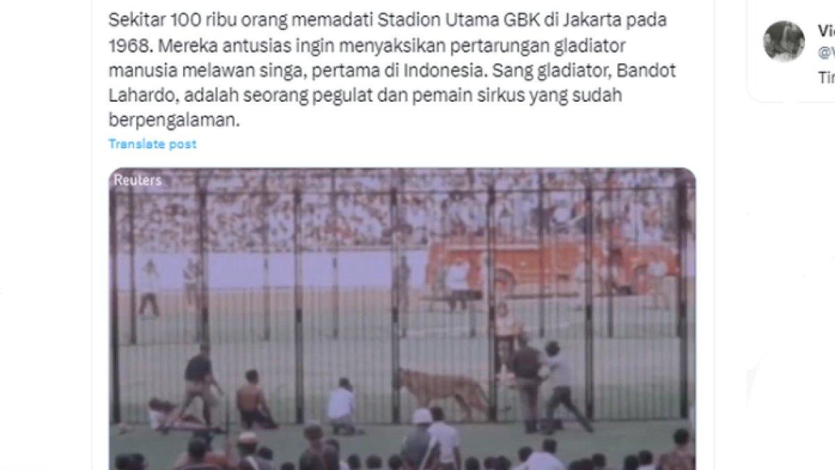 Tangkapan layar unggahan video yang merekam pertarungan gladiator manusia vs singa di GBK pada 1968.