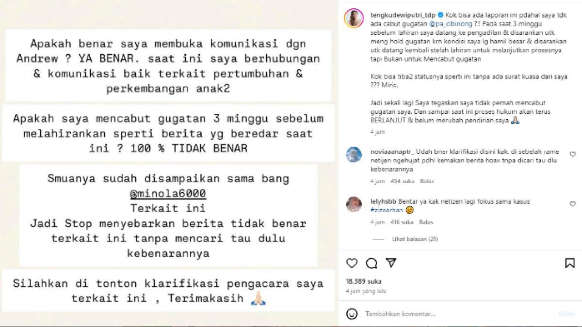 Tengku Dewi Putri membantah mencabut gugatan cerai di PA Cibinong, Jawa Barat.