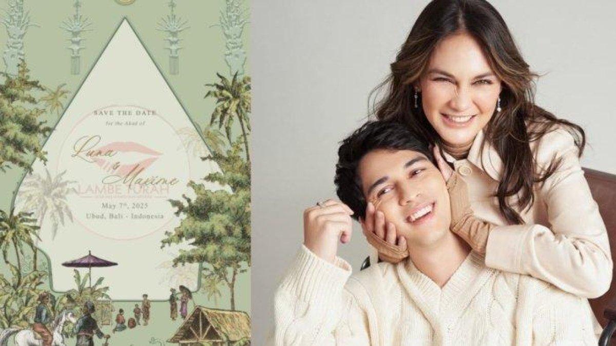 UNDANGAN PERNIKAHAN LUNA MAYA DAN MAXIME - Terlihat undangan tersebut berlatar belakang hijau dan karikatur pria menaiki kuda putih lengkap dengan pakaian adat.