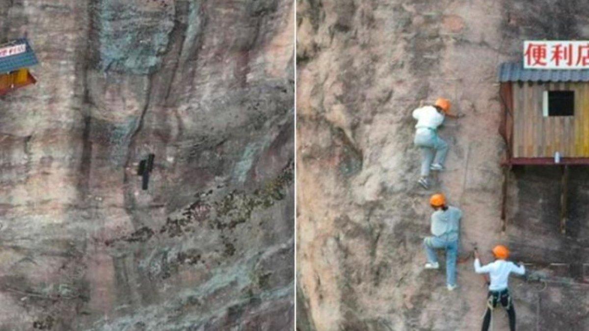 Toko kecil di Tebing, terletak di Taman Geologi Nasional Shiniuzhai, China.