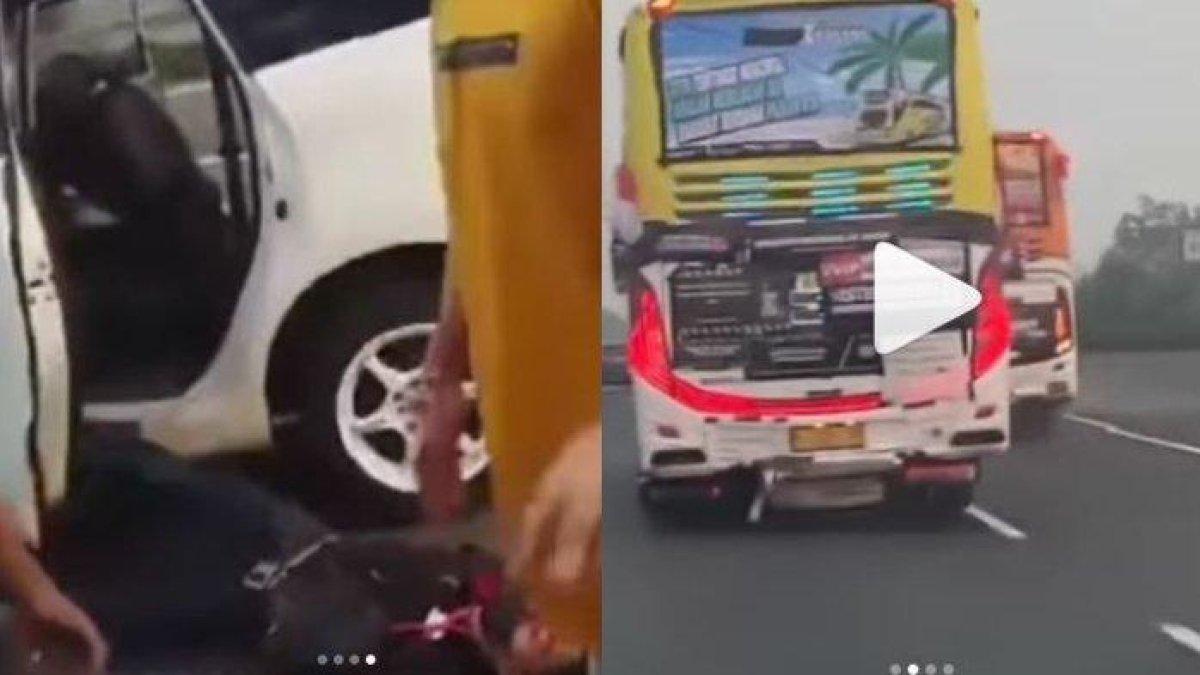 Toyota Avanza berwarna putih mengikuti dan merekam bus yang ugal-ugalan di jalan tol