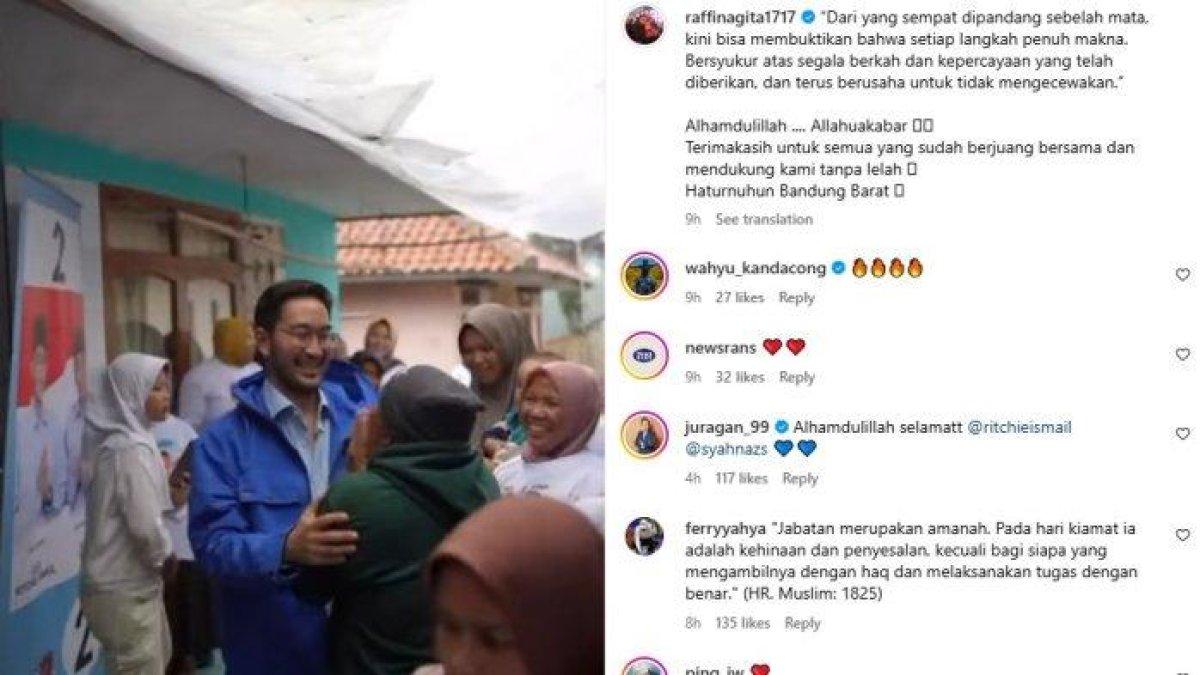 Unggahan Raffi Ahmad atas kemenangan sementara Jeje Govinda di Pilkada Bandung Barat.