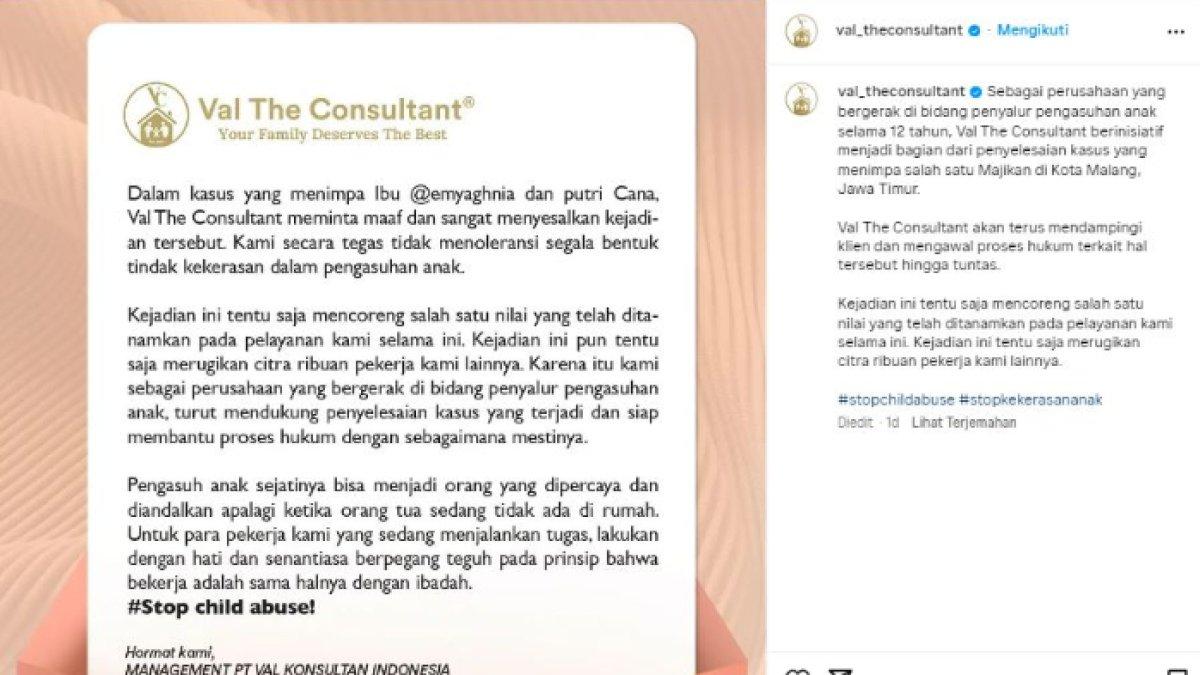 Val The Consultant meminta maaf atas kejadian yang menimpa anak Aghnia Punjabi.