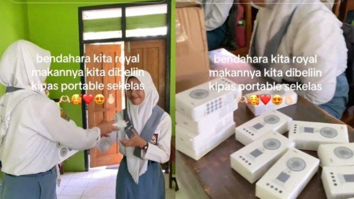 Tangkapan layar video viral bendahara kelas SMA di Ngawi bagi-bagi kipas portable ke siswa sekelasnya.
