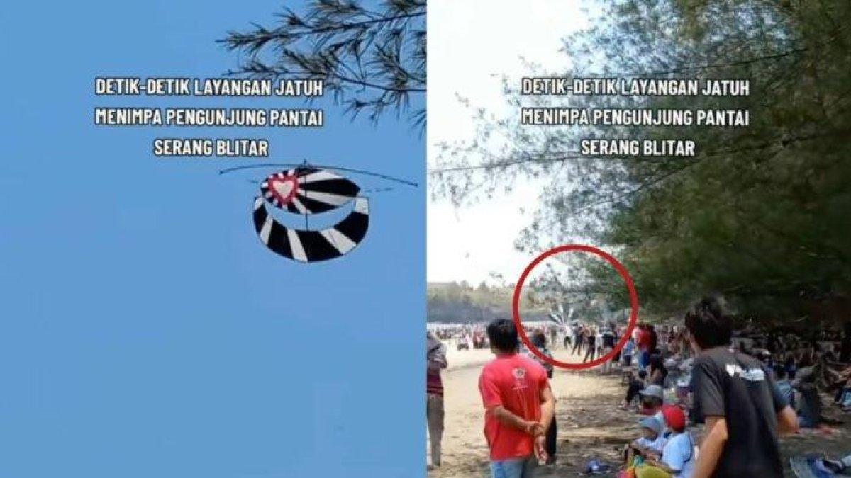 Viral layangan raksasa jatuh menimpa pengunjung pantai di Blitar, korban tampak kesakitan.
