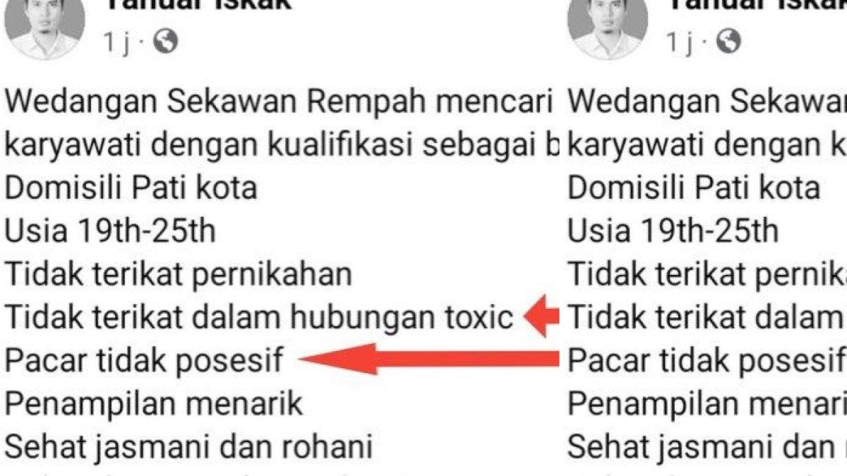 Viral lowongan kerja di Pati syarat tak perlu berpengalaman tapi tak boleh punya pacar posesif hingga tak terlibat hubungan toxic.