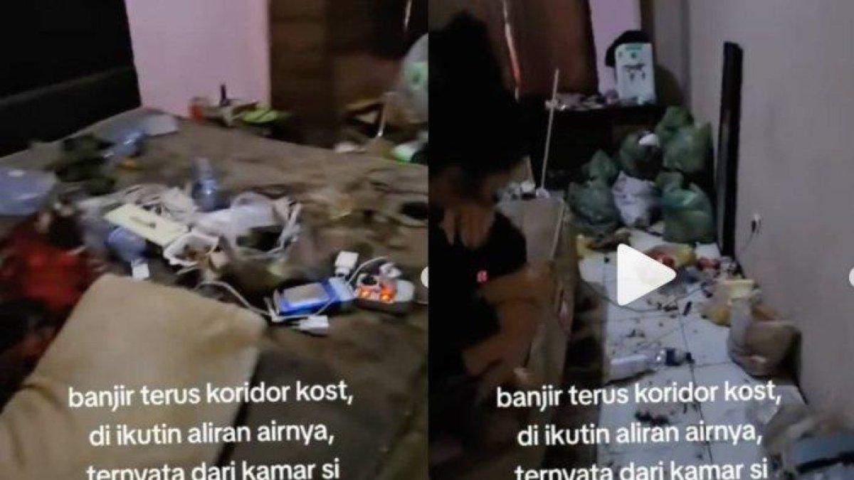 Tangkapan layar video gadis kena marah pemilik kos, kepergok kamar penuh sampah seperti kapal pecah.