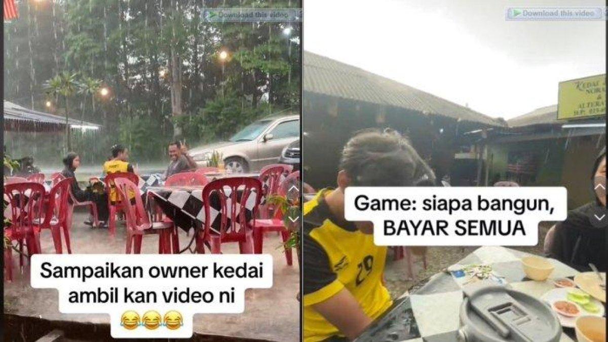Viral video pengunjung restoran hujan-hujanan di atas meja makan ternyata karena tantangan yang bangun pertama kali disuruh bayar seluruh makanan.