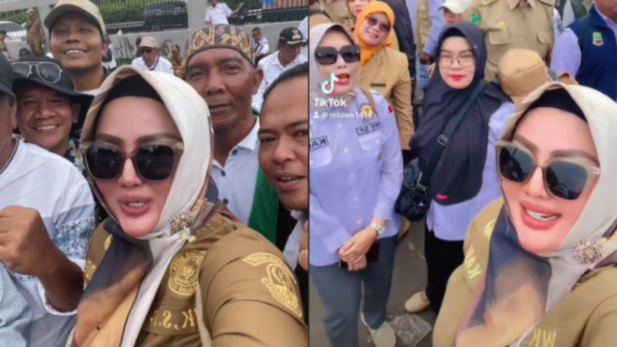 Wiwin tampak membaur dengan para peserta demo