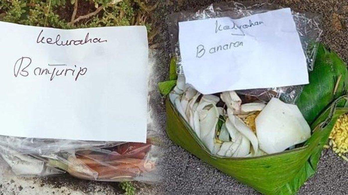 Wujud kiriman sajen yang ditemukan di kantor desa Banaran dan Desa Banyurip, Kecamatan Sambungmacan, Kabupaten Sragen, Selasa (28/11/2023)