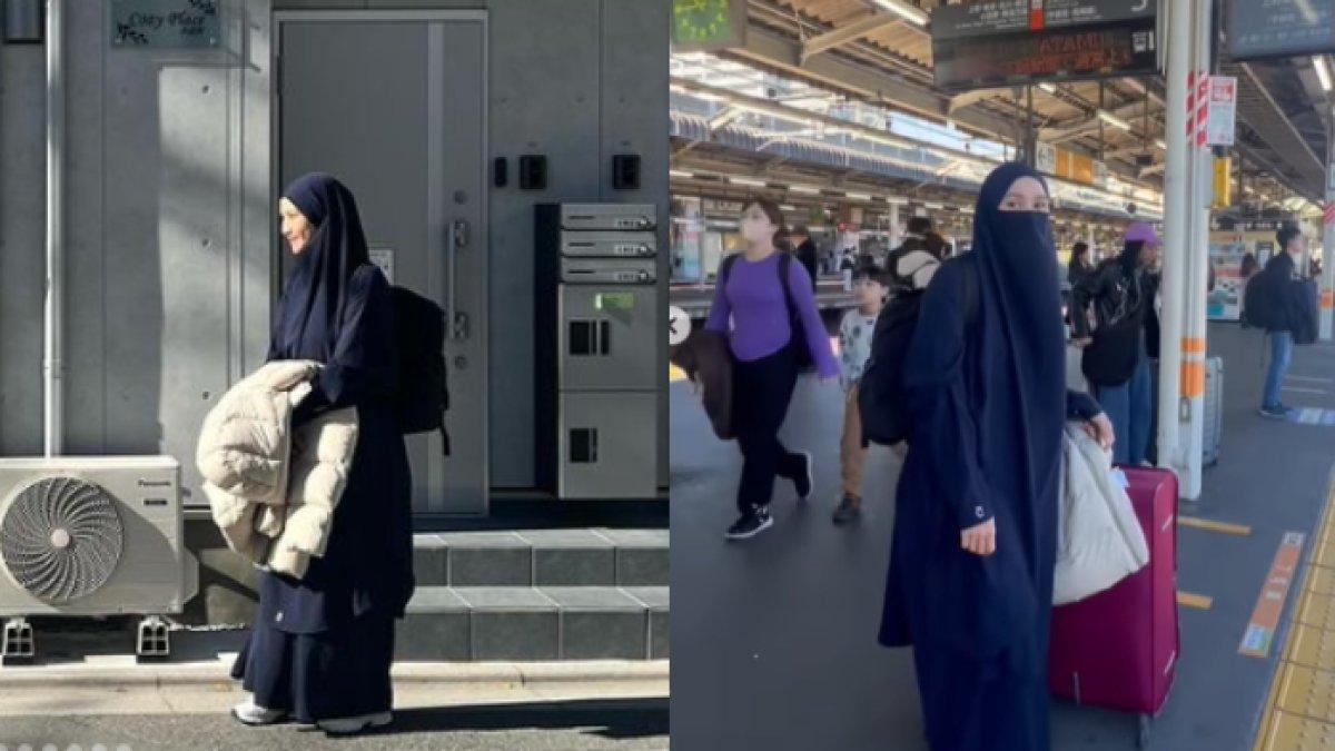 Zaskia coba berbusana syari warna serba hitam saat liburan ke Jepang