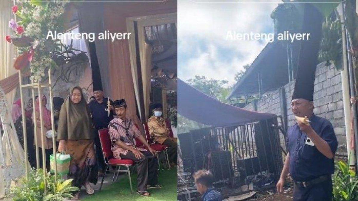 Aksi bapak-bapak memakai peci setinggi plafon rumah saat hadiri hajatan