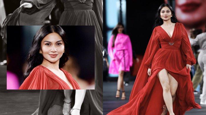 Ariel Tatum tampil anggun dalam balutan gaun merah berjuntai.