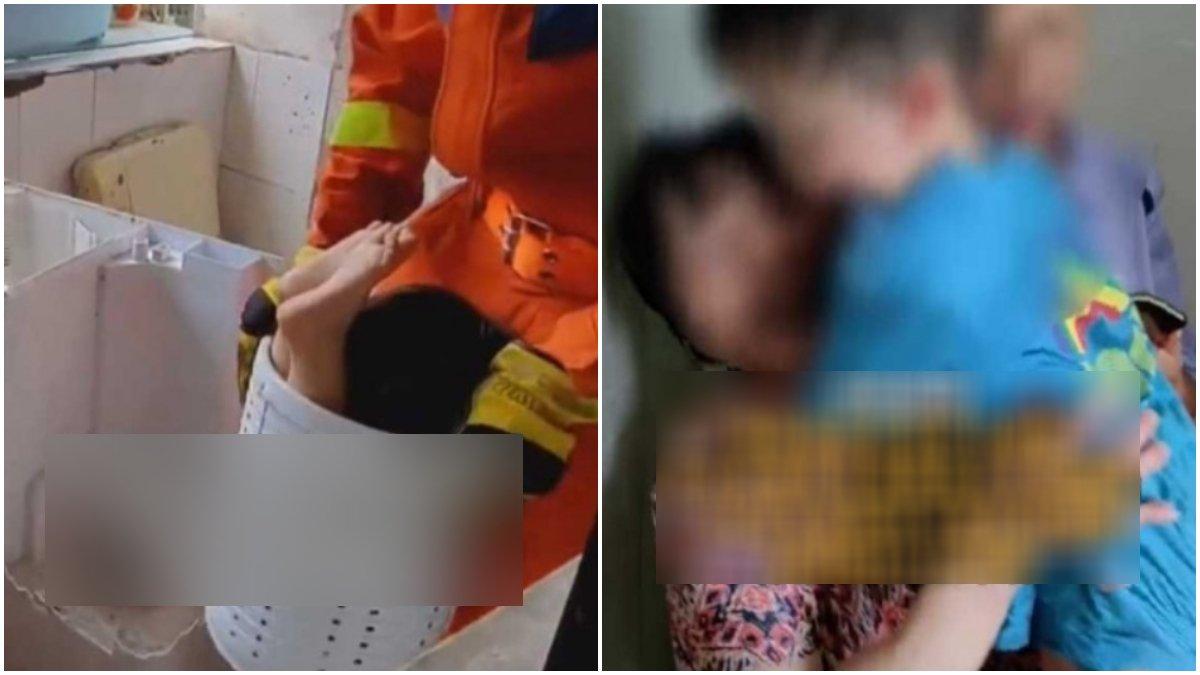 Bocah terjebak di mesin cuci.