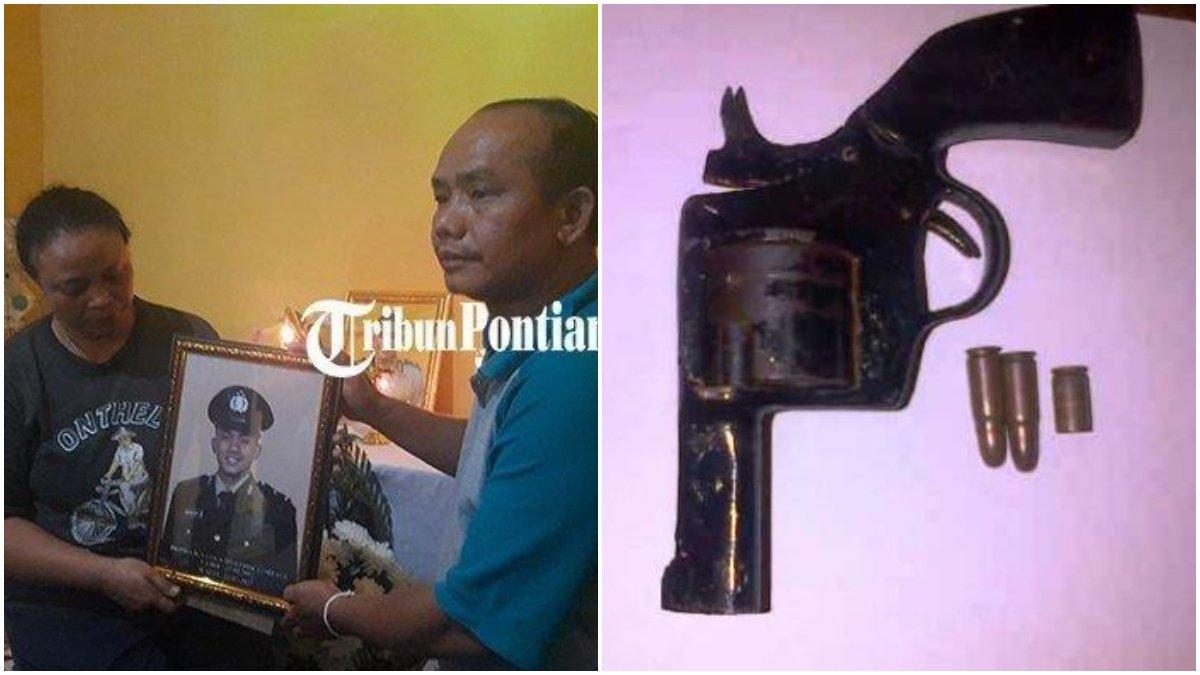Inosensia dan suaminya Y Pandi, menunjukan foto Bripda Ignatius Dwi Frisco Sirage. // Ilustrasi pistol rakitan.